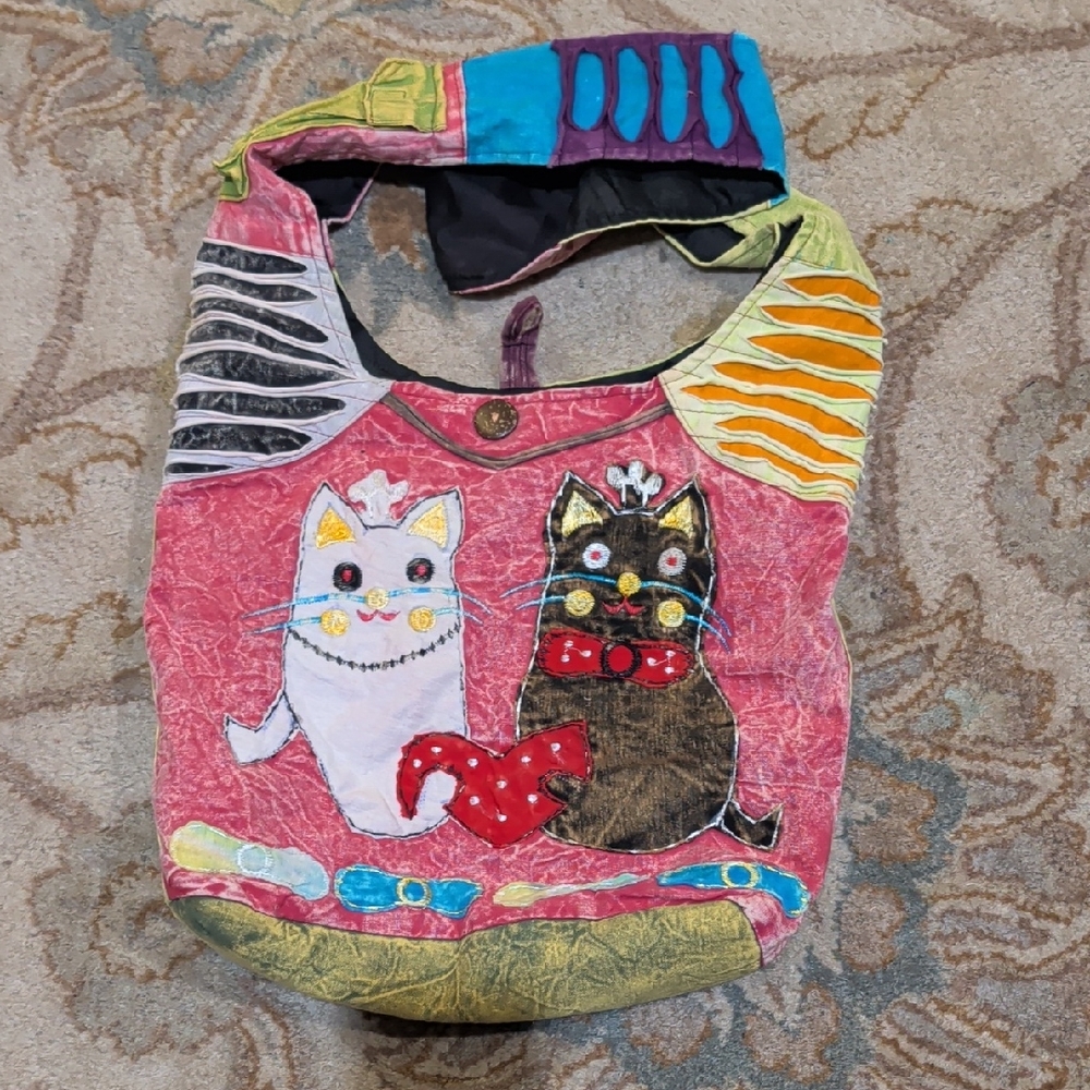 Whimsical Patchwork Cat Vintage Sling Shoulder Cr… - image 1